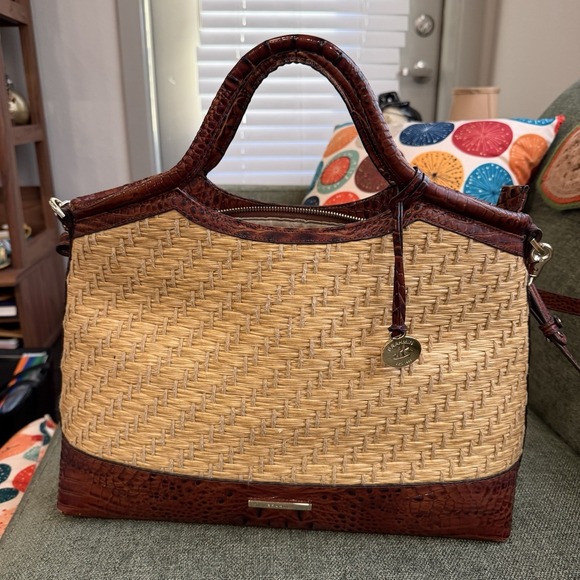 Brahmin Handbags - Brahmin Straw Raffia & Melbourne Embossed Leather Satchel Tote Brown Croc